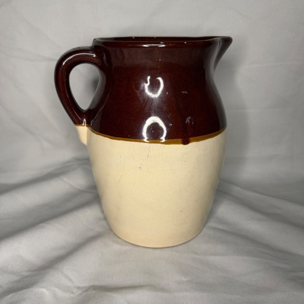 Vintage USA Pottery Stoneware Pitcher Two Tone Brown Cream Crock Jug Farmhouse